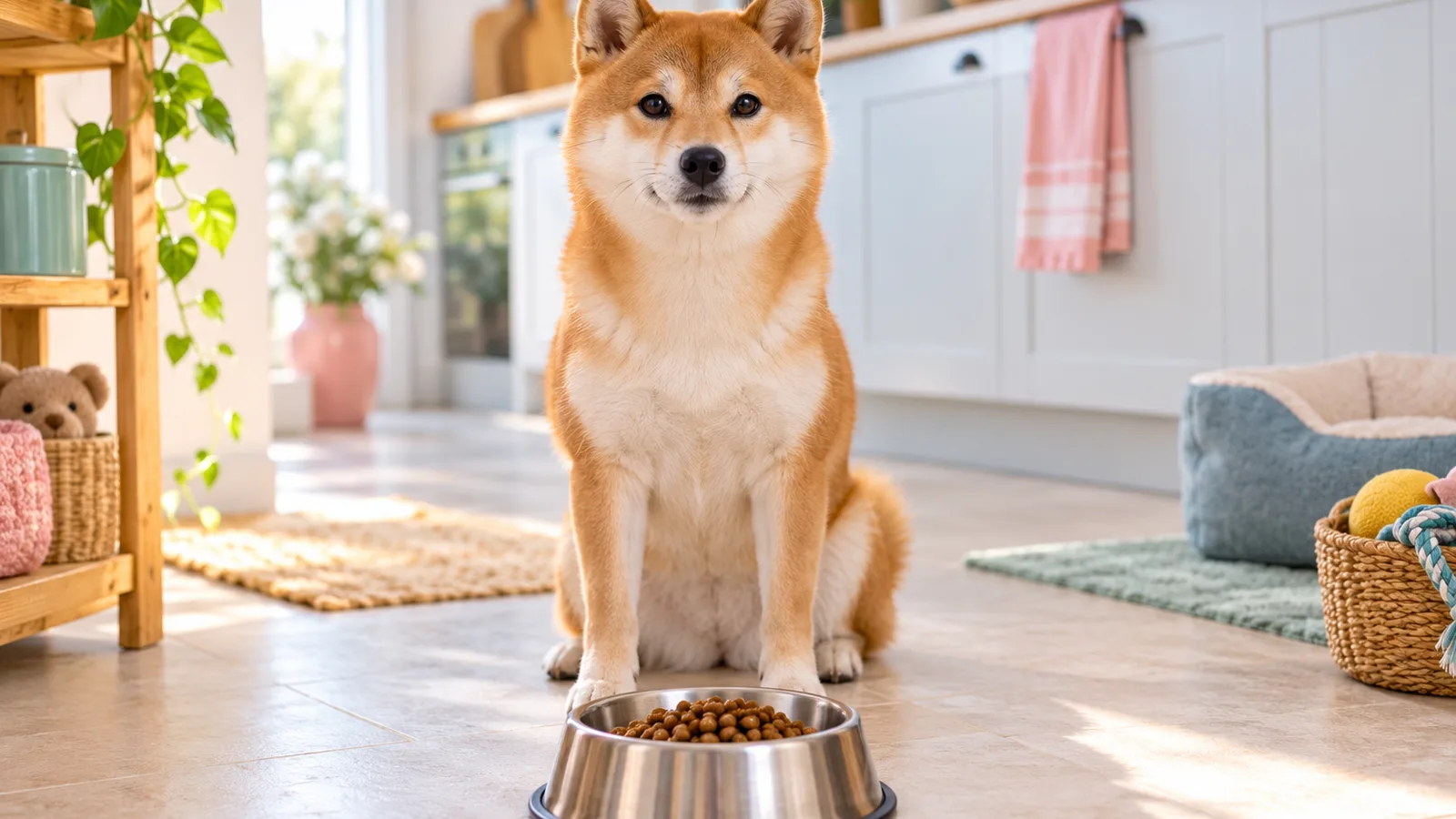 Shiba inu assis sagement devant sa gamelle en inox remplie de croquettes sur un sol de cuisine clair, alimentation du chien