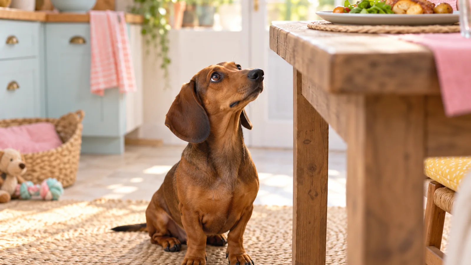 Teckel assis sagement au pied d’une table de cuisine, aliments toxiques pour le chien