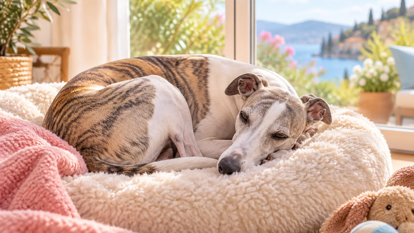 Lévrier whippet couché en boule sur un coussin moelleux près d’une baie vitrée, bien-être du chien