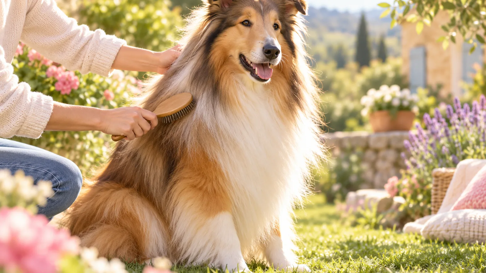 Mains brossant le long pelage soyeux d’un colley assis dans un jardin, brossage du chien