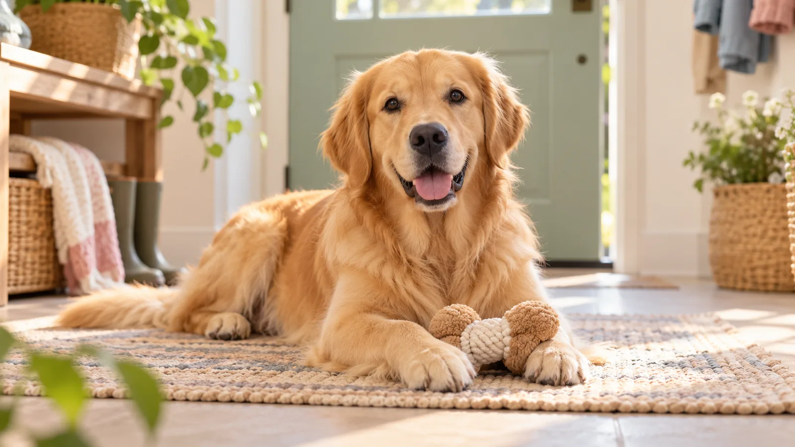Golden retriever couché calmement sur un tapis près de la porte d’entrée, chien seul à la maison