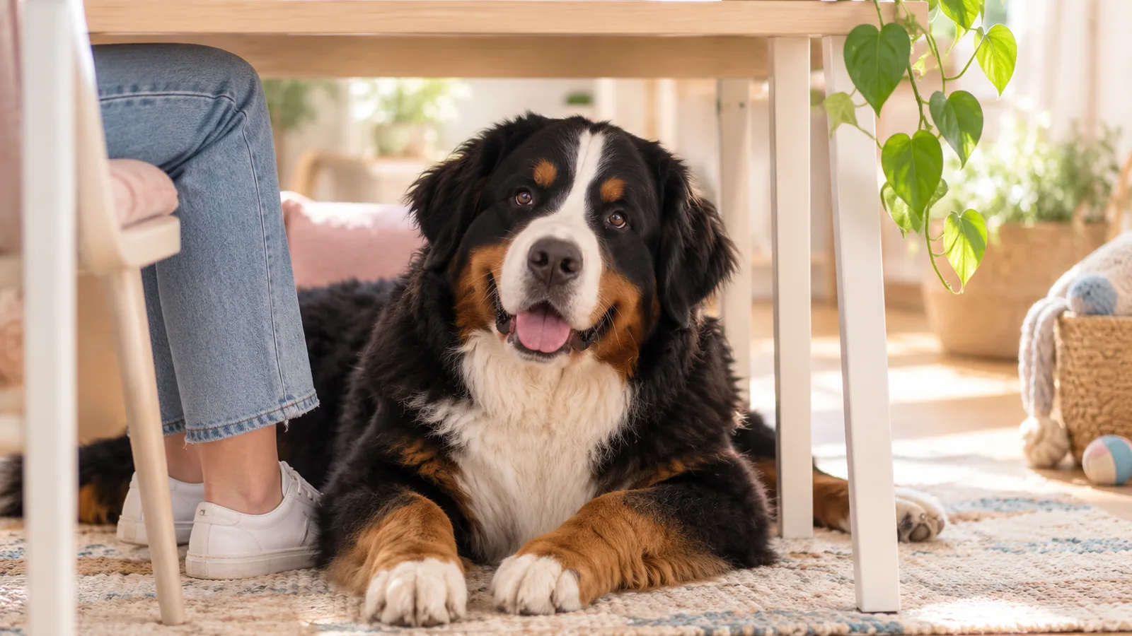 Bouvier bernois couché sous un bureau clair près des pieds d’une personne hors champ, Soin du chien