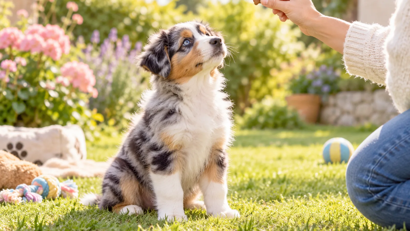 Chiot berger australien assis attentif devant une main tenant une friandise, éducation du chiot