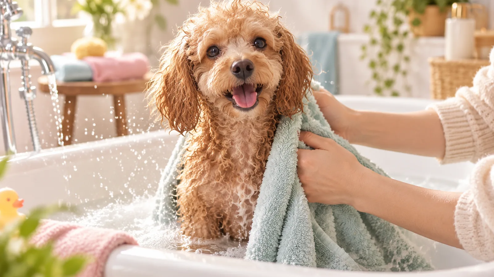Caniche abricot sortant d’un bain tiède dans une baignoire blanche, hygiène du chien
