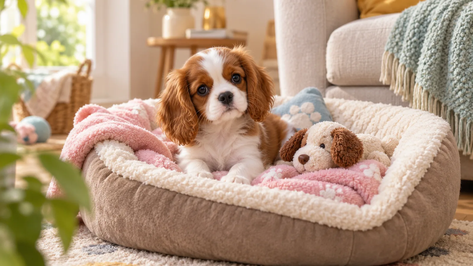 Chiot cavalier king charles découvrant son nouveau panier dans un coin calme du salon, premiers jours du chiot