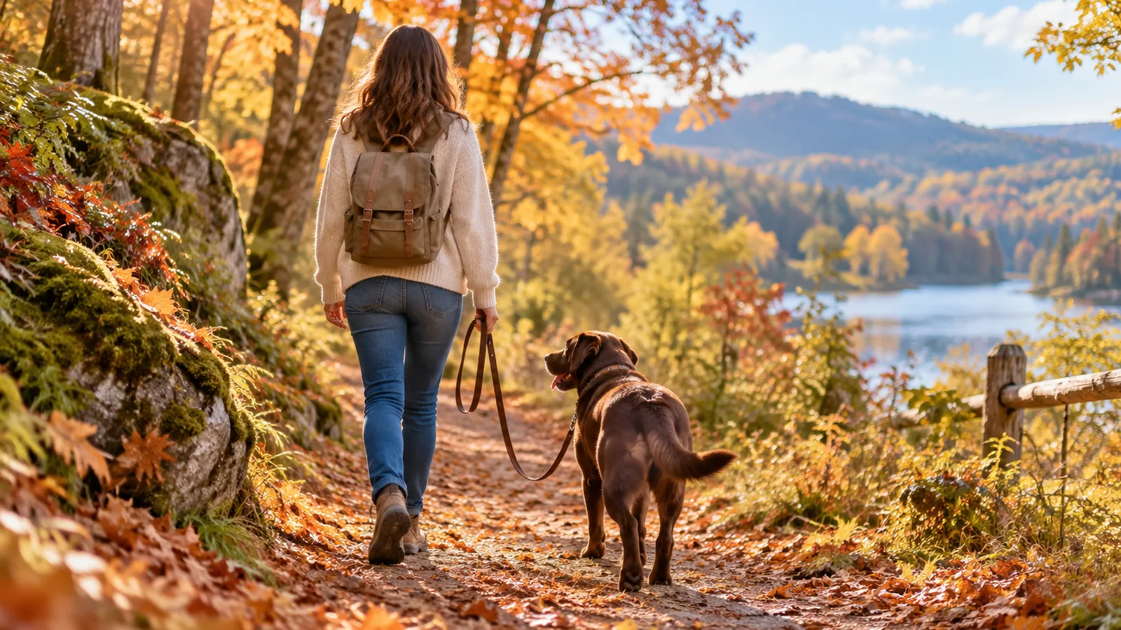 Silhouette de dos promenant un labrador chocolat en laisse longue le long d’un sentier forestier aux couleurs automnales, promenade du chien