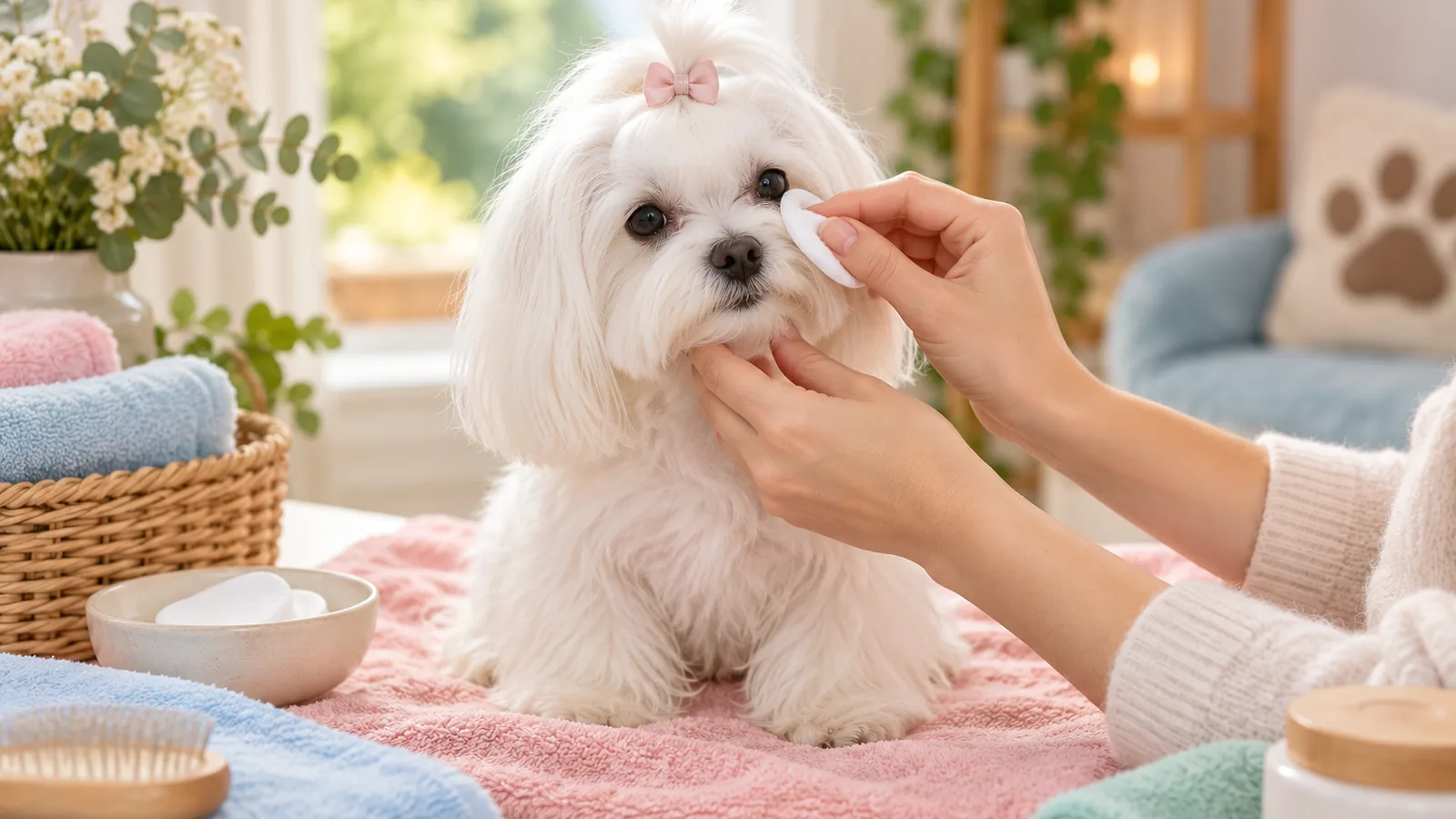 Mains nettoyant doucement le contour des yeux d’un bichon maltais assis sur une serviette, routine de soins du chien