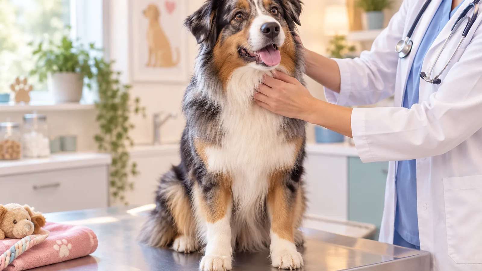 Berger australien serein assis sur la table d’un cabinet vétérinaire clair, santé du chien