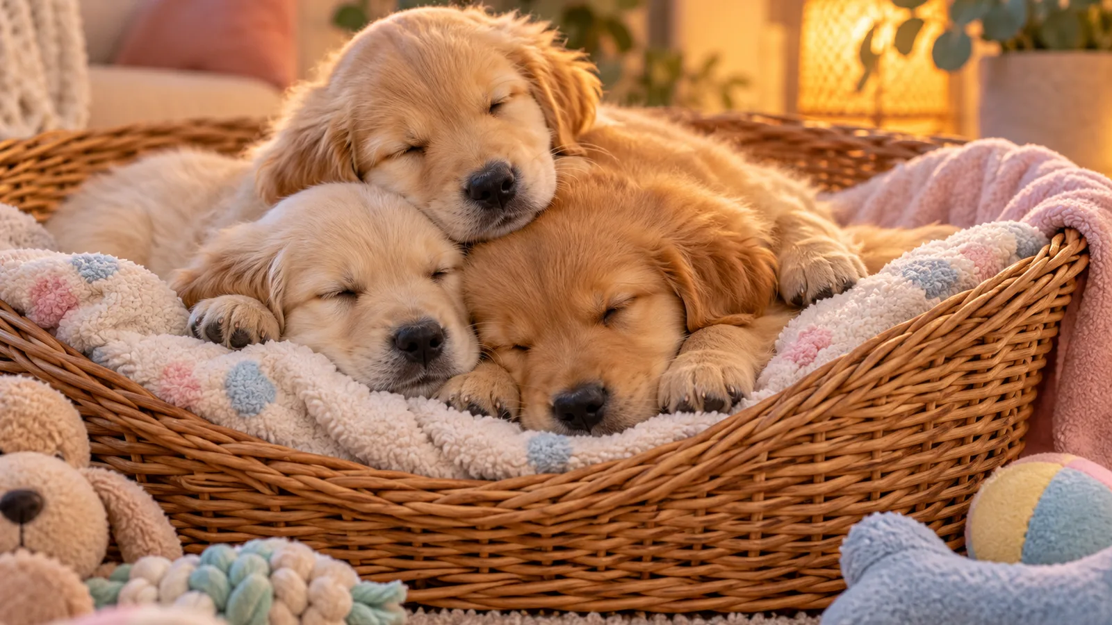 Trois chiots golden retriever endormis en tas dans un panier en osier garni d’une couverture douce, soins du chiot