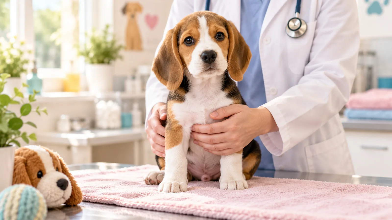 Chiot beagle calme assis sur la table d’un cabinet vétérinaire lumineux, vaccins du chien
