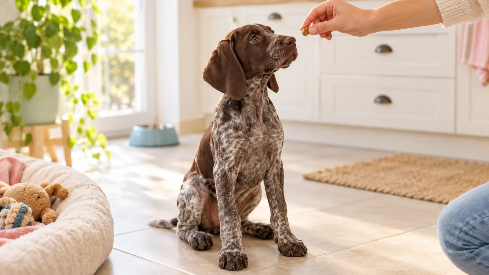 Main tendant une friandise à un jeune braque assis sur le carrelage d’une cuisine claire, vermifuger son chien