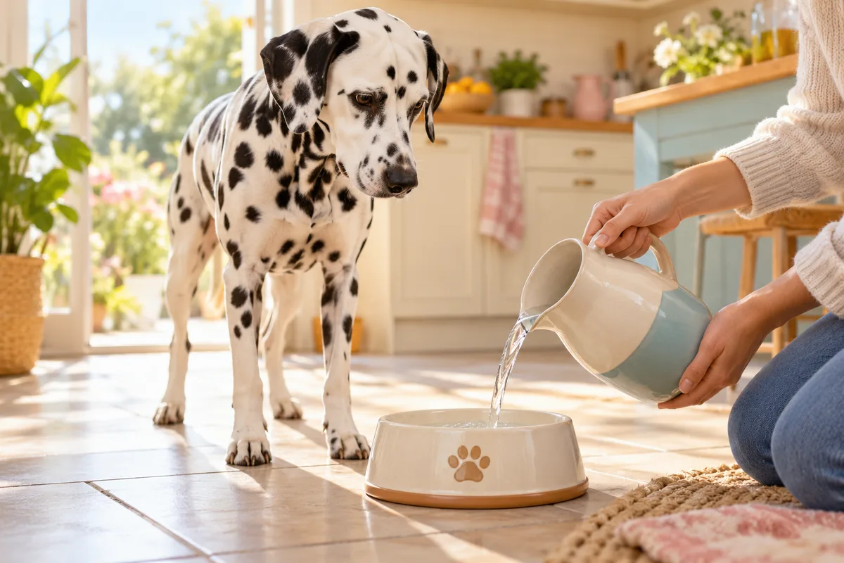 Mains versant de l’eau fraîche dans une gamelle en céramique pendant qu’un dalmatien observe, alimentation du chien