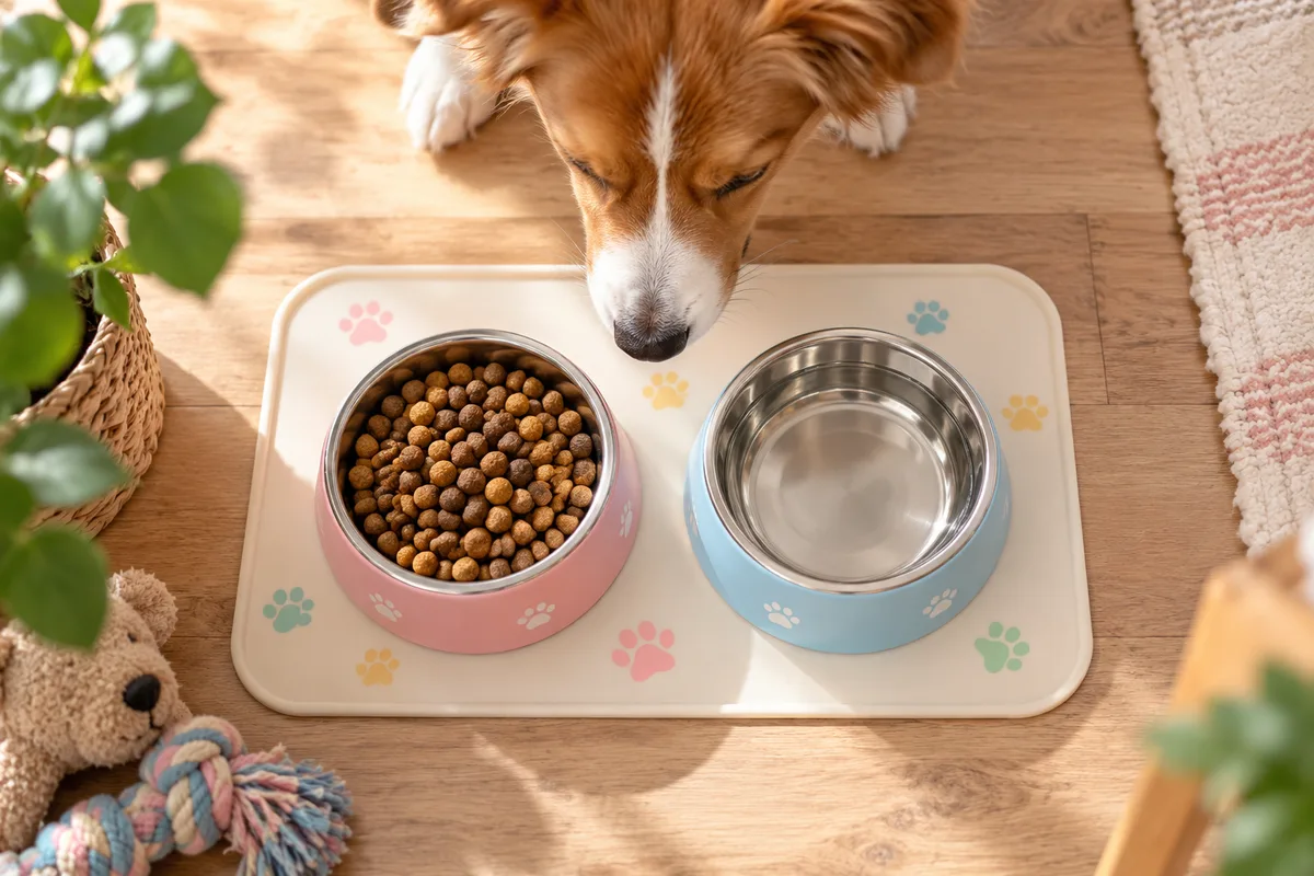Vue du dessus de deux gamelles posées sur un tapis de repas, alimentation du chien
