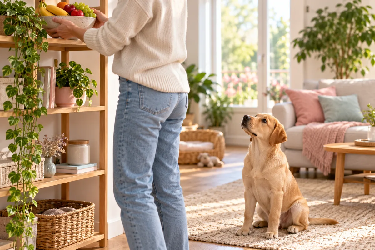Main posant un bol de fruits en haut d’une étagère pendant qu’un jeune labrador observe calmement depuis le sol, aliments toxiques pour le chien