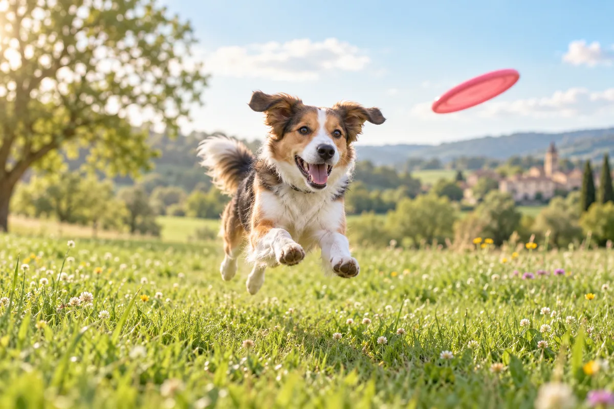 Chien croisé de taille moyenne courant après un frisbee dans une prairie verte, bien-être du chien