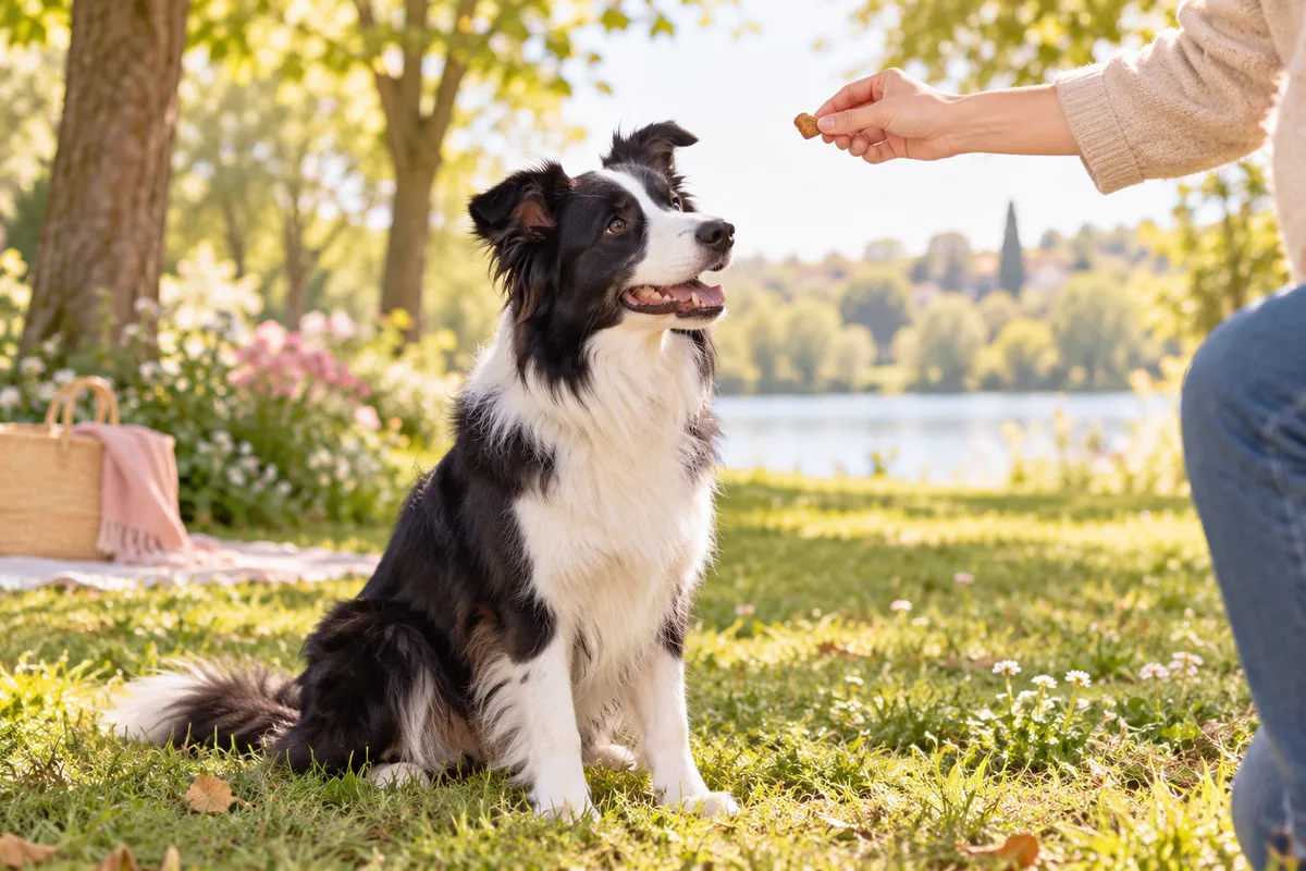 Mains tendant une friandise à un border collie assis attentif lors d’une séance d’éducation dans un parc arboré, bien-être du chien