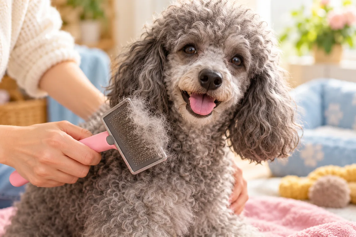 Plan rapproché d’une carde passant dans le poil bouclé d’un caniche gris, brossage du chien