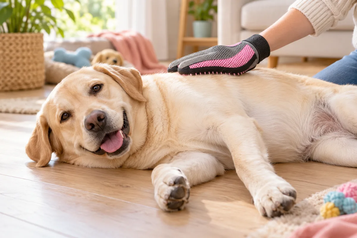 Labrador à poil ras allongé sur le côté pendant qu’une main passe un gant de massage, brossage du chien