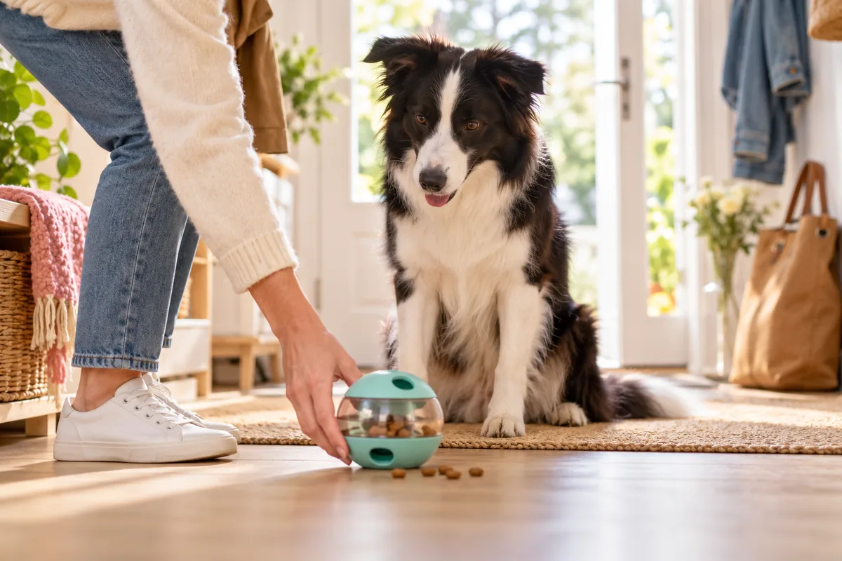 Main posant un jouet distributeur de friandises devant un border collie assis avant un départ, chien seul à la maison