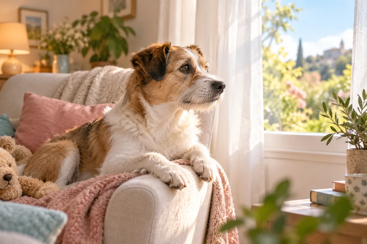 Petit chien croisé observant tranquillement par une fenêtre depuis un fauteuil, chien seul à la maison