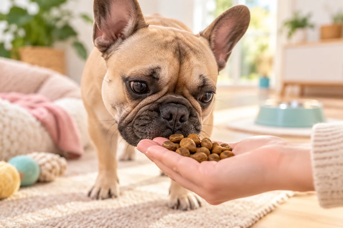 Bouledogue français reniflant avec curiosité une poignée de croquettes dans une main tendue, choisir les croquettes