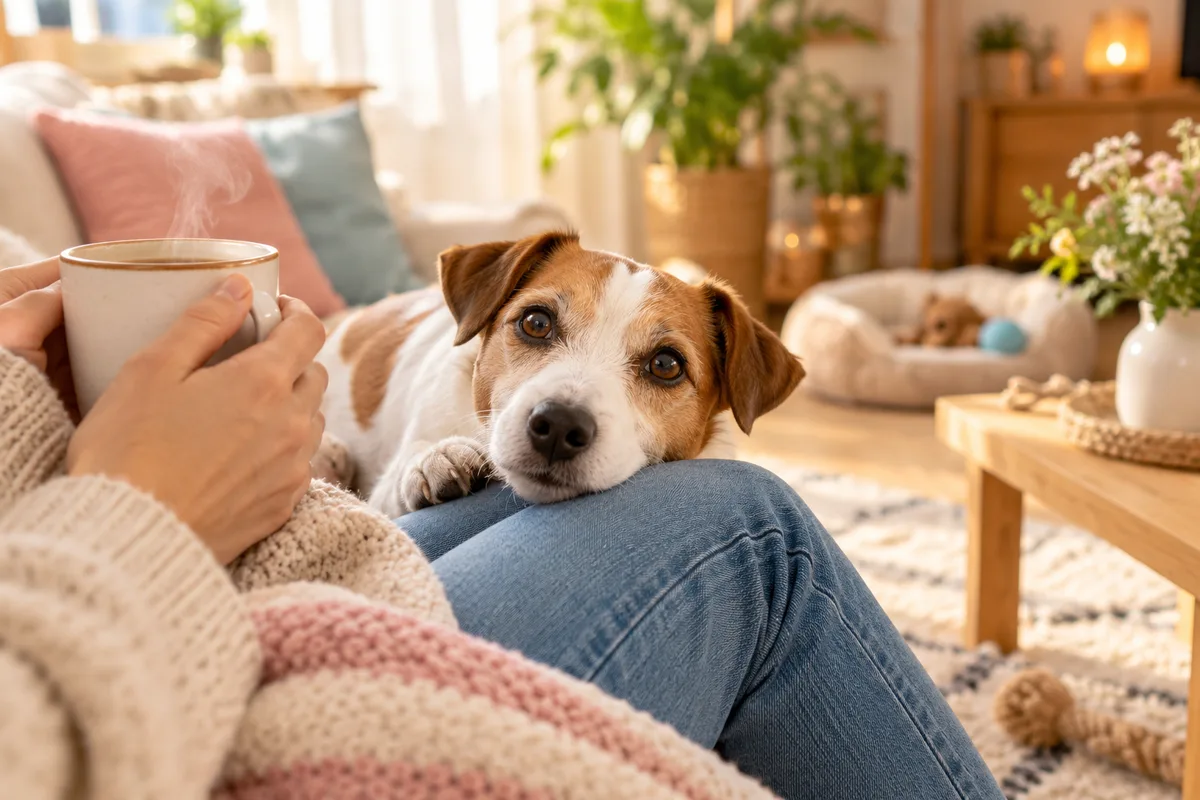 Mains tenant une tasse fumante pendant qu’un jack russell pose sa tête sur un genou, Soin du chien