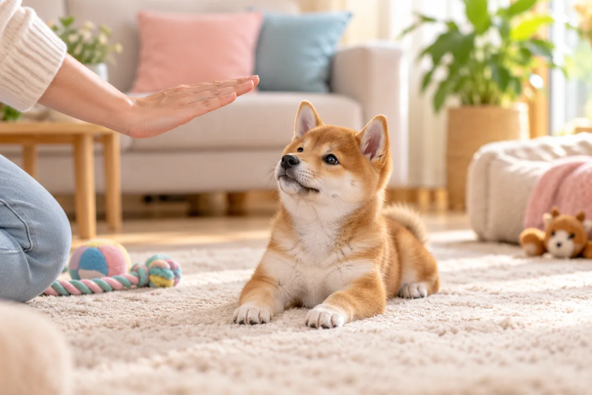 Main faisant un geste de couché à un chiot shiba inu sur un tapis de salon, éducation du chiot