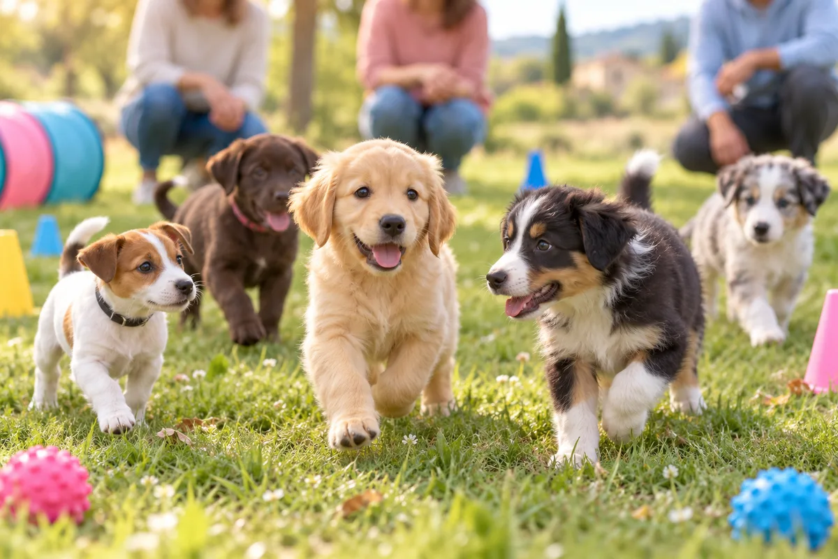 Petit groupe de chiots variés en cours collectif sur une pelouse, éducation du chiot