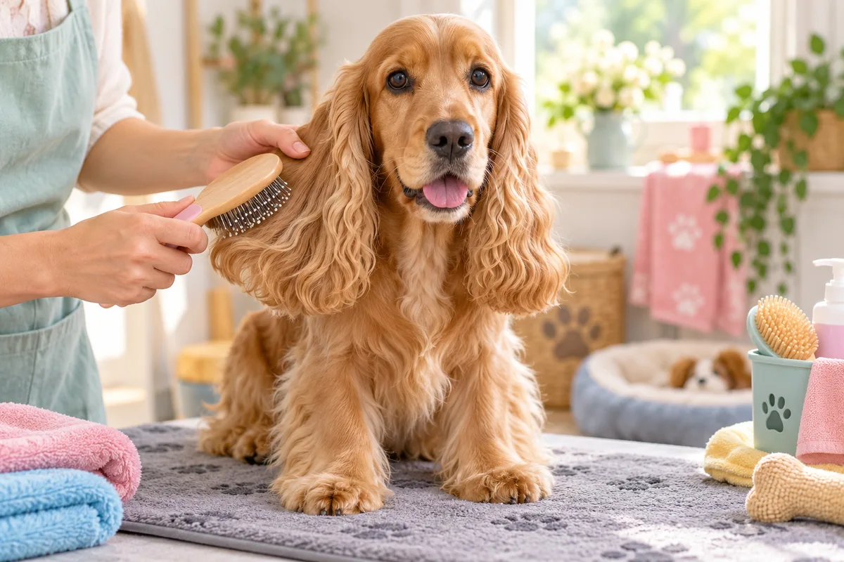 Plan rapproché de mains peignant les oreilles soyeuses d’un cocker anglais assis calmement sur une table recouverte d’un tapis antidérapant, hygiène du chien