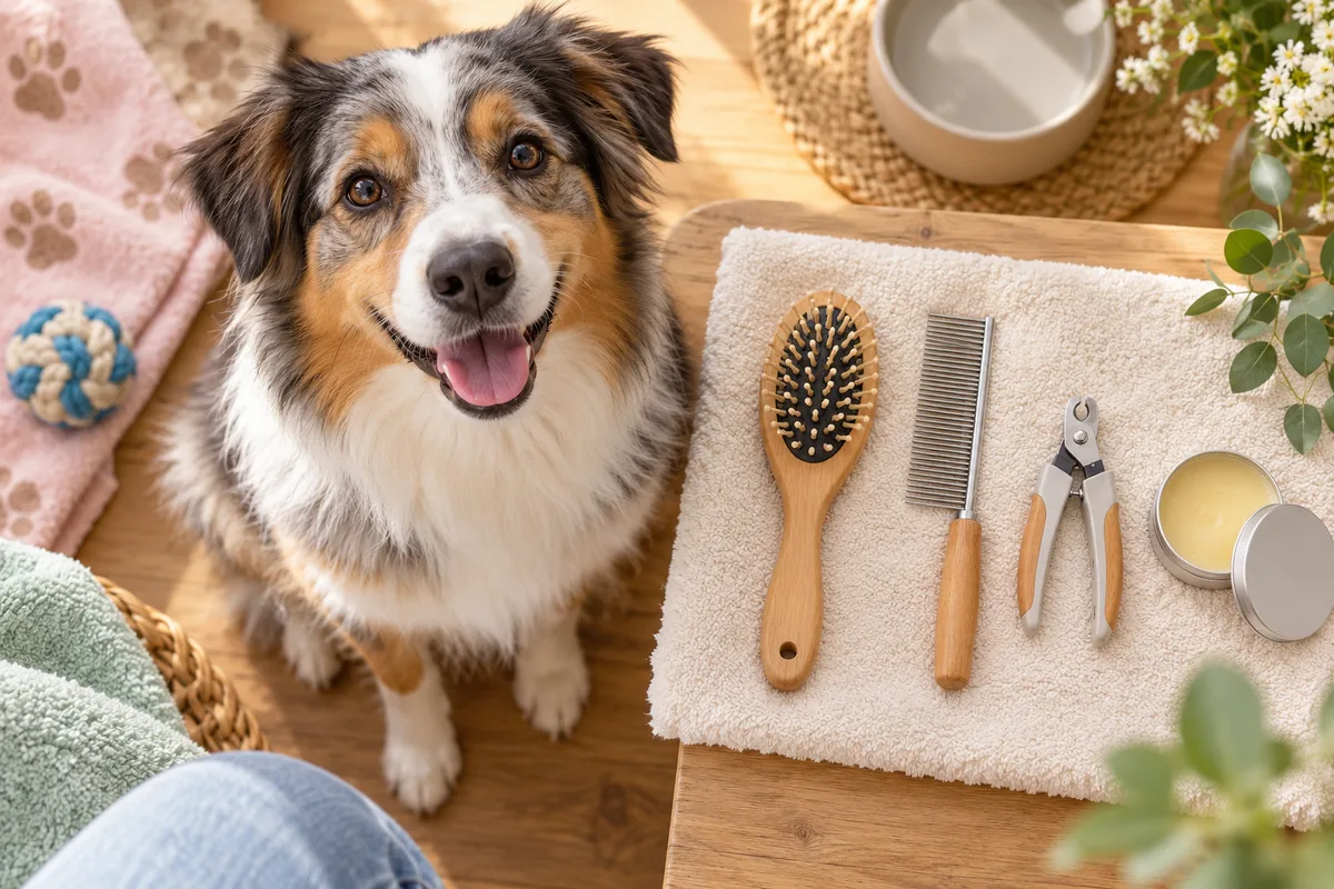 Vue du dessus d’accessoires de soin alignés sur une serviette, hygiène du chien