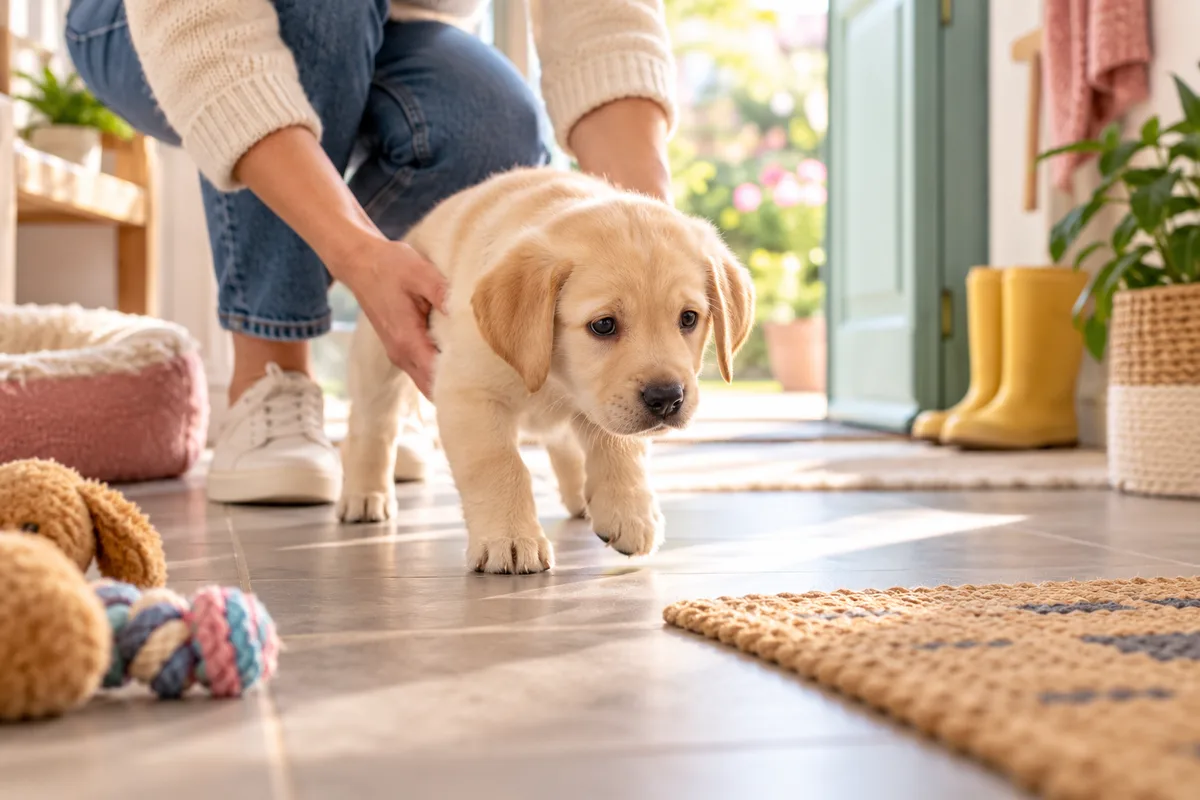 Mains déposant délicatement un chiot labrador sur le sol d’une entrée lumineuse, premiers jours du chiot