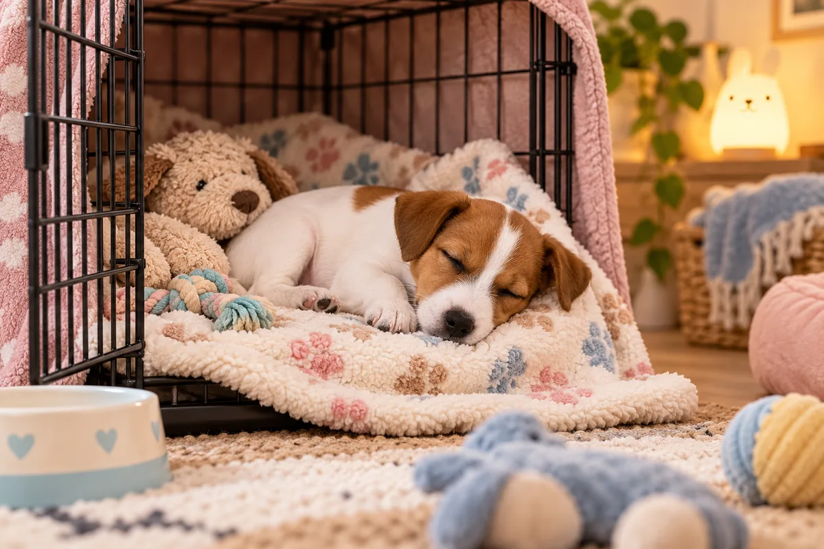 Chiot jack russell endormi la première nuit dans une caisse ouverte garnie d’un plaid, veilleuse douce en arrière-plan