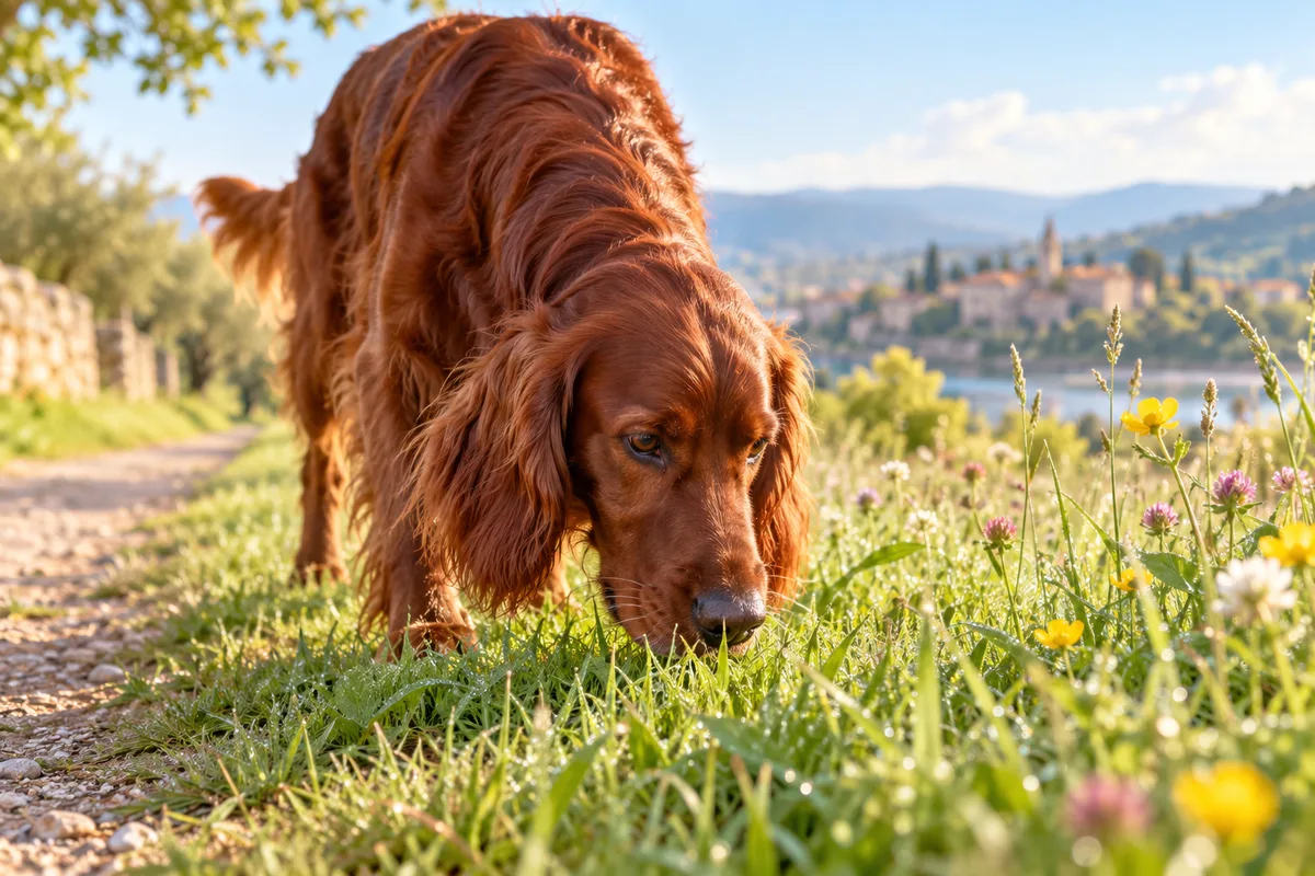 Plan rapproché d’un setter irlandais flairant les herbes hautes au bord d’un chemin, promenade du chien