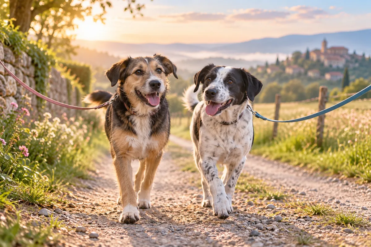 Deux chiens croisés trottant côte à côte sur un chemin de campagne au petit matin, promenade du chien