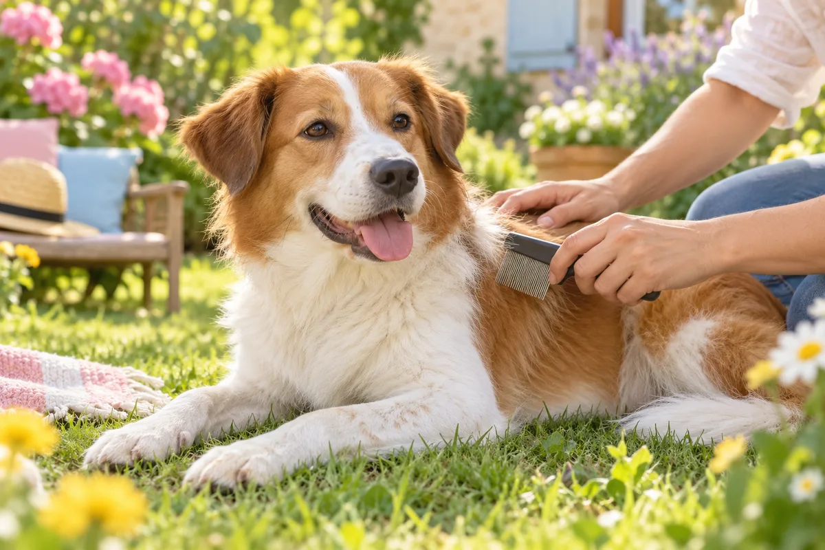 Chien croisé blanc et roux couché dans un jardin d’été, puces et tiques