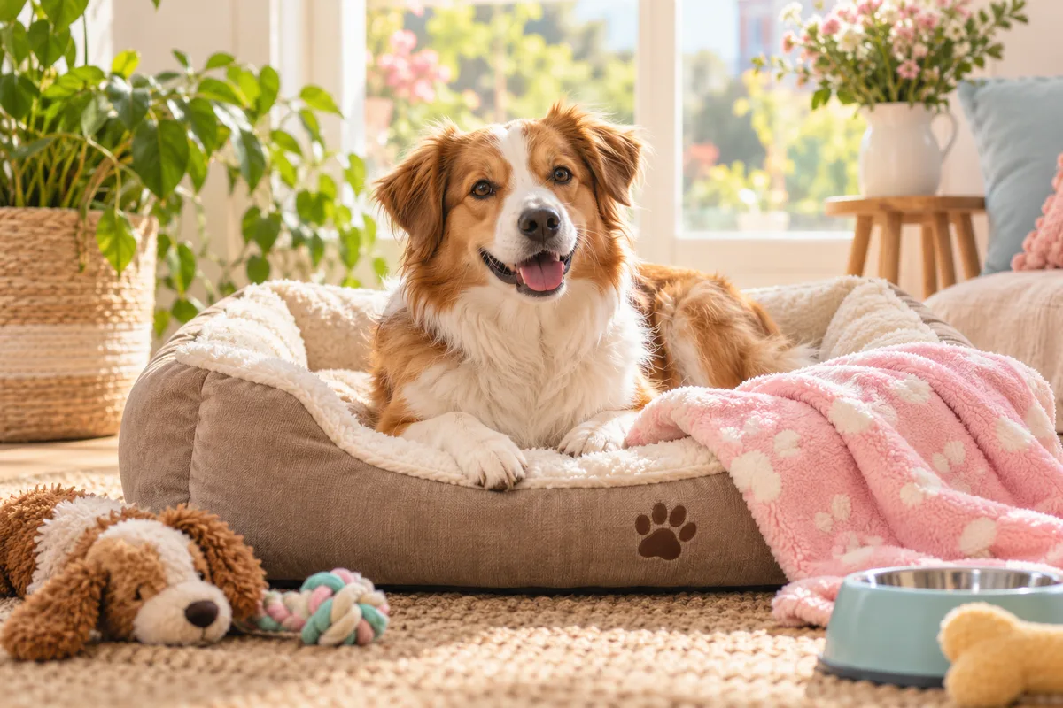 Panier de chien propre avec couverture fraîchement lavée posée à côté, puces et tiques
