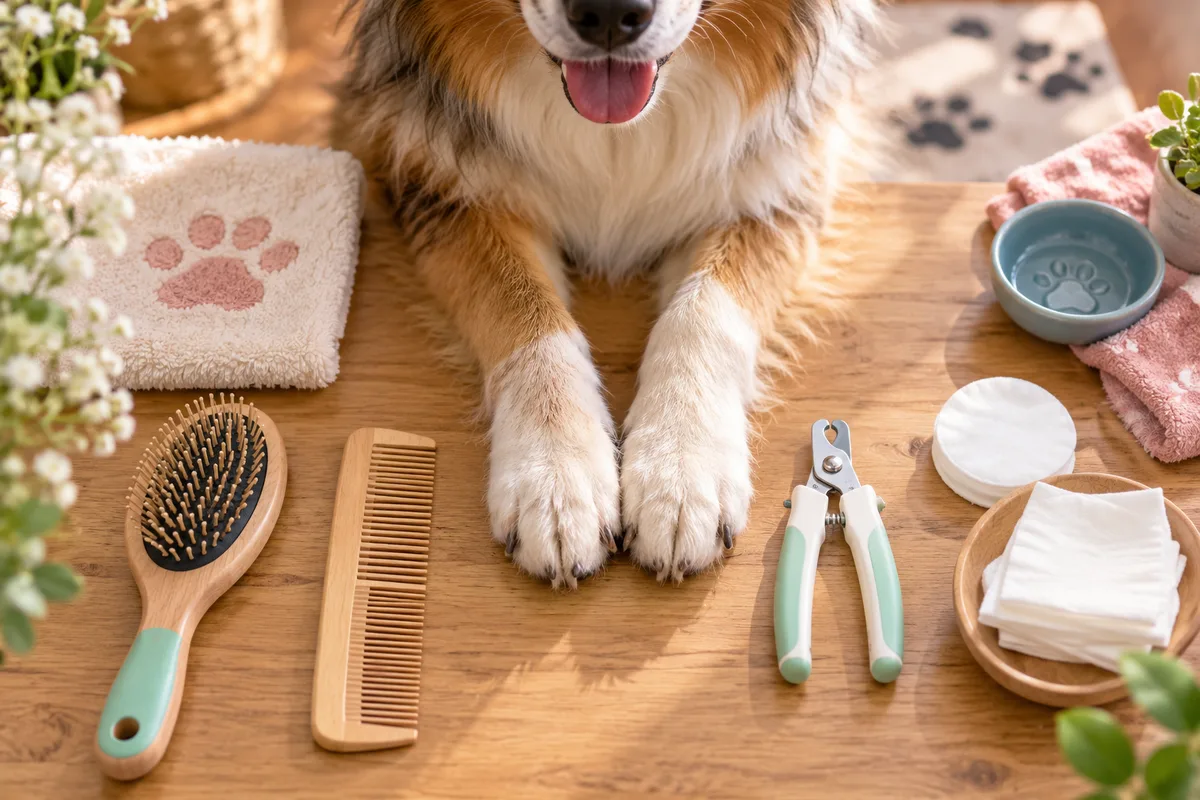 Vue du dessus d’une table avec brosse, routine de soins du chien