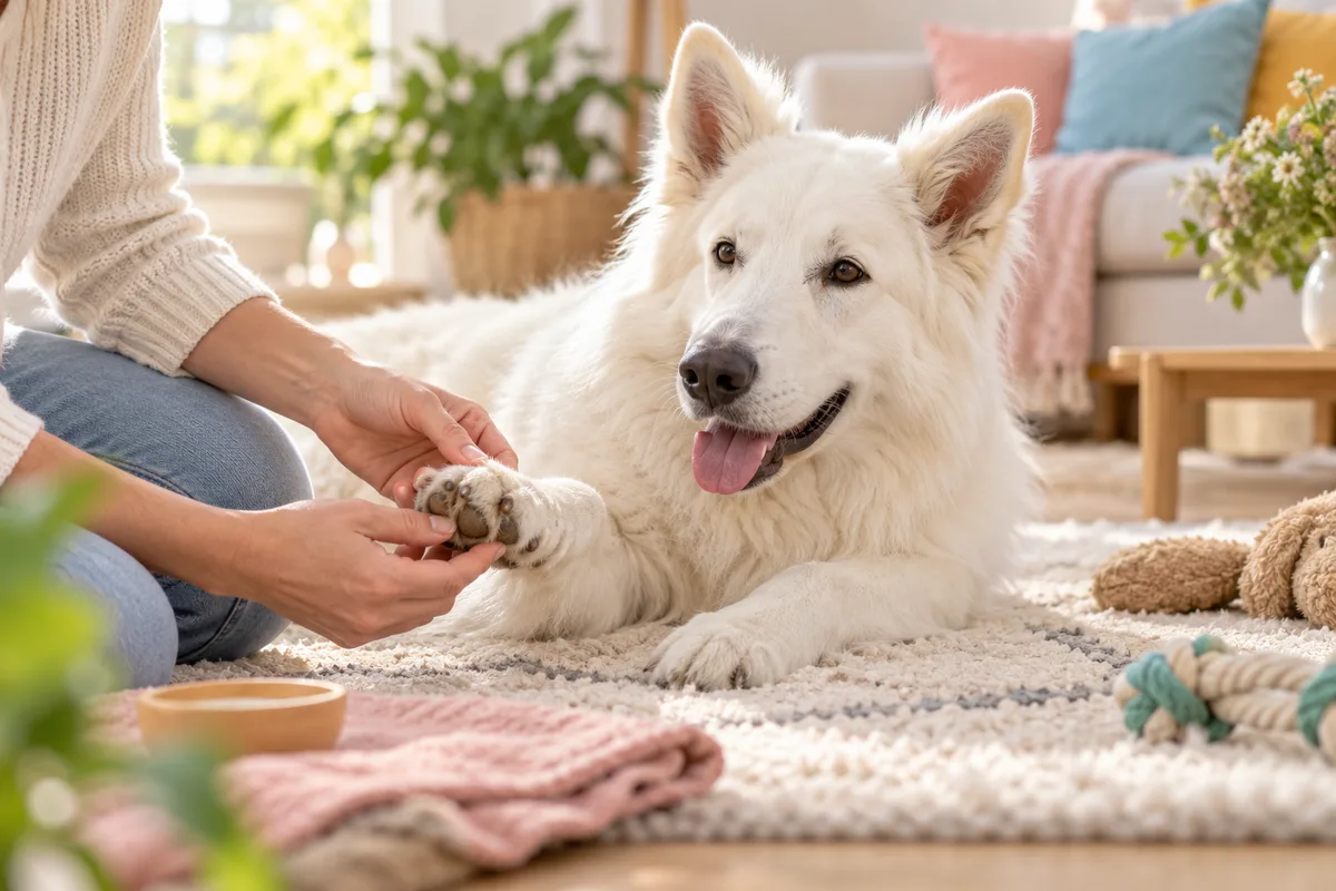 Mains inspectant les coussinets d’un berger blanc suisse allongé paisiblement sur un tapis de salon lumineux, routine de soins du chien