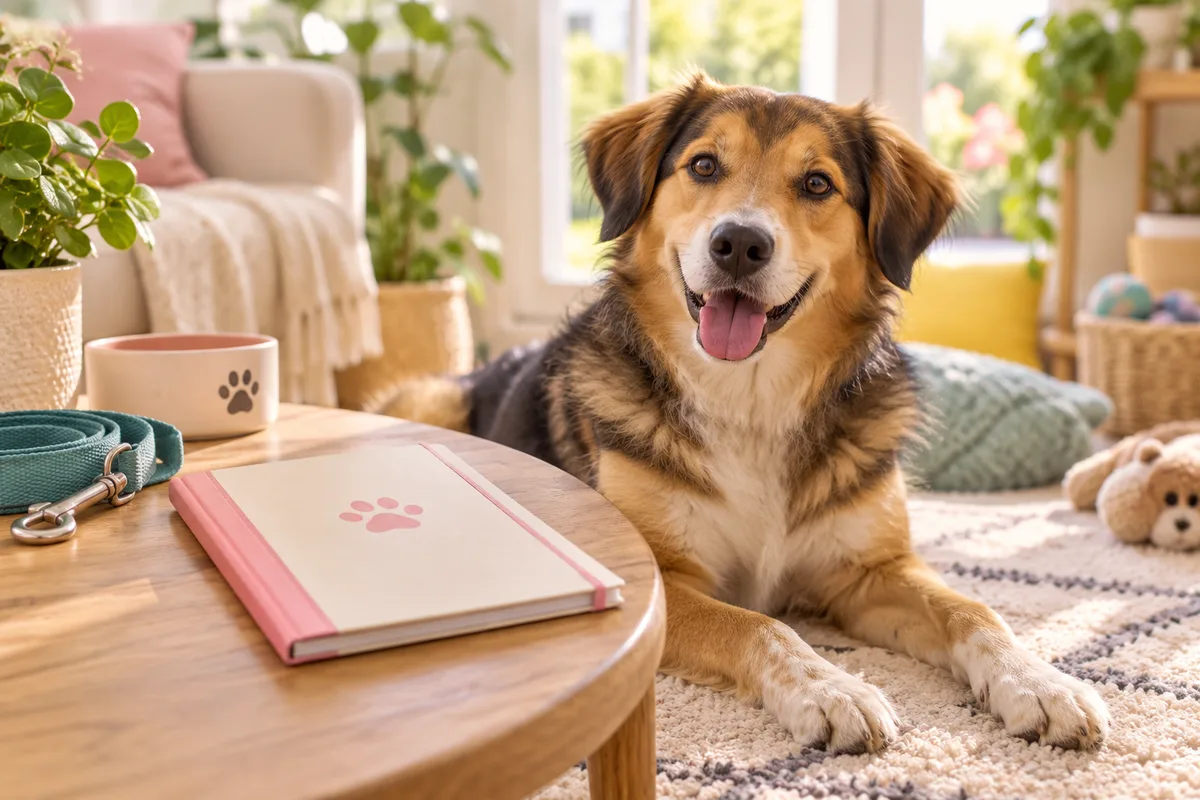 Carnet de santé fermé posé sur une table près d’une laisse enroulée et d’un chien croisé couché paisiblement à côté, santé du chien