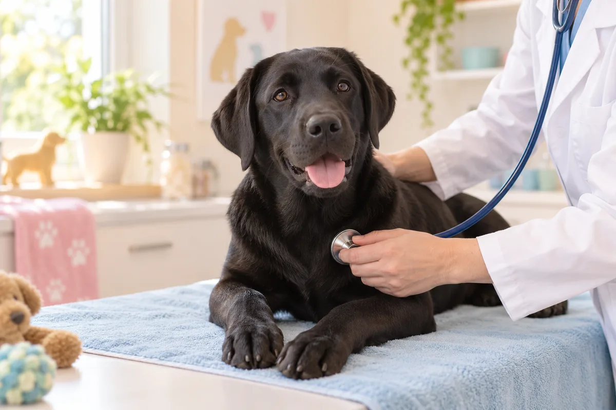 Mains en blouse auscultant au stéthoscope un jeune labrador noir calme, santé du chien