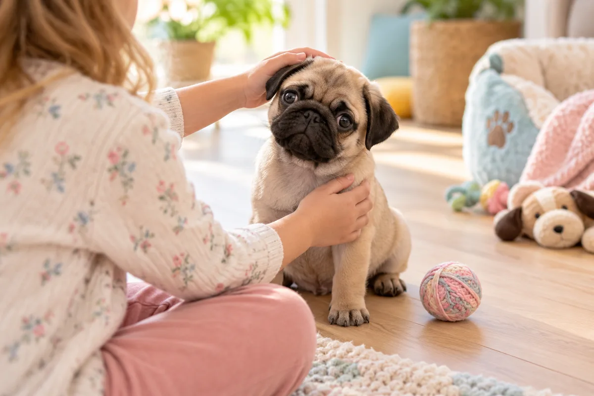 Mains d’enfant de dos caressant un chiot carlin assis sur un parquet clair, soins du chiot