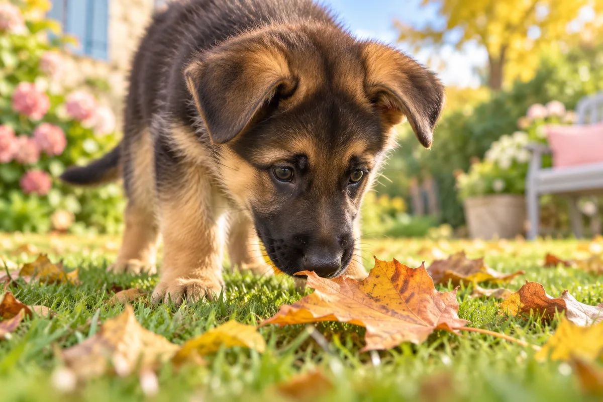 Chiot berger allemand reniflant curieusement une feuille d’automne dans un jardin, soins du chiot