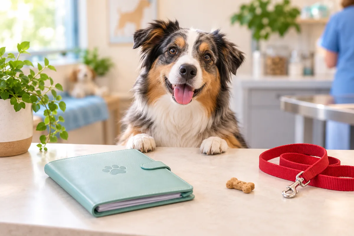 Carnet de santé fermé posé sur un comptoir clair à côté d’une laisse rouge et d’une petite friandise, vaccins du chien