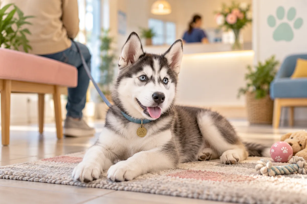 Jeune husky couché sereinement sur un tapis de salle d’attente vétérinaire, vaccins du chien