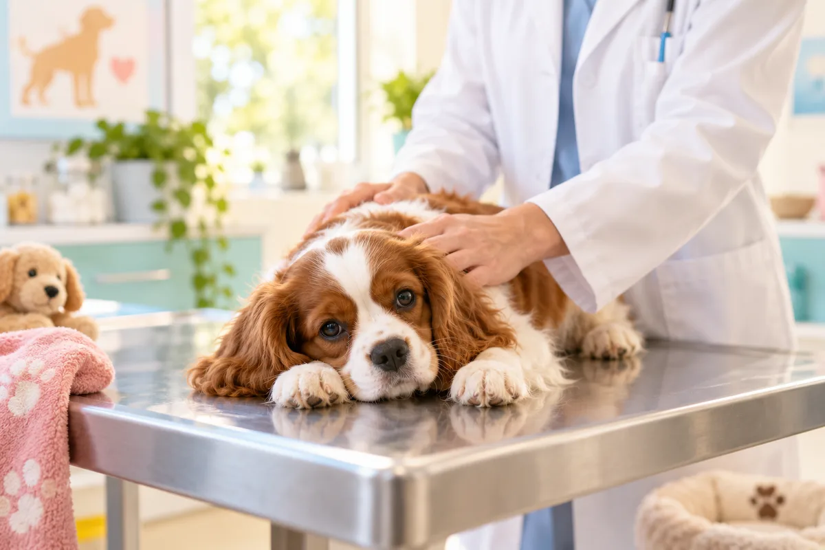 Chiot épagneul couché sur la table d’un cabinet vétérinaire lumineux, vermifuger son chien