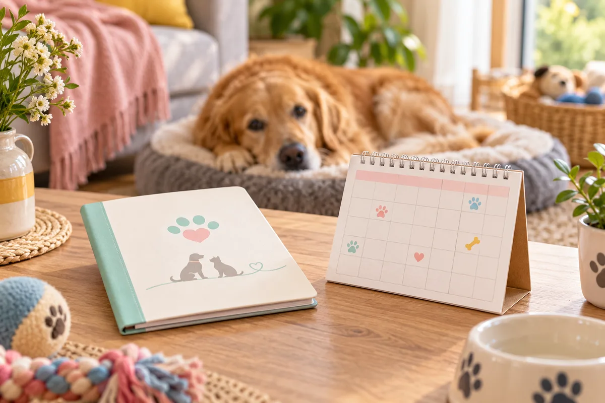 Carnet de santé fermé et calendrier sans texte lisible posés sur une table, vermifuger son chien